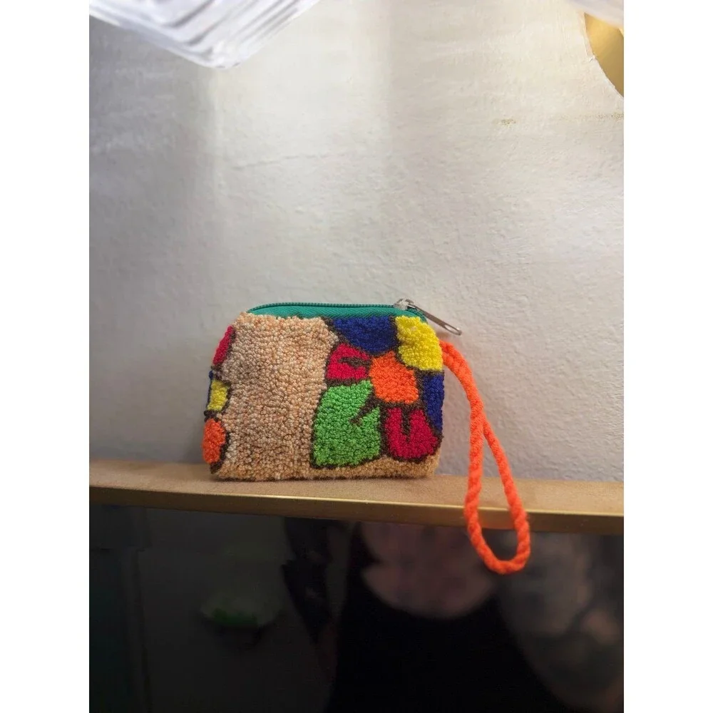 R&R Colorful fluffy handmade Textured knit yarn Coin floral boho Pouch